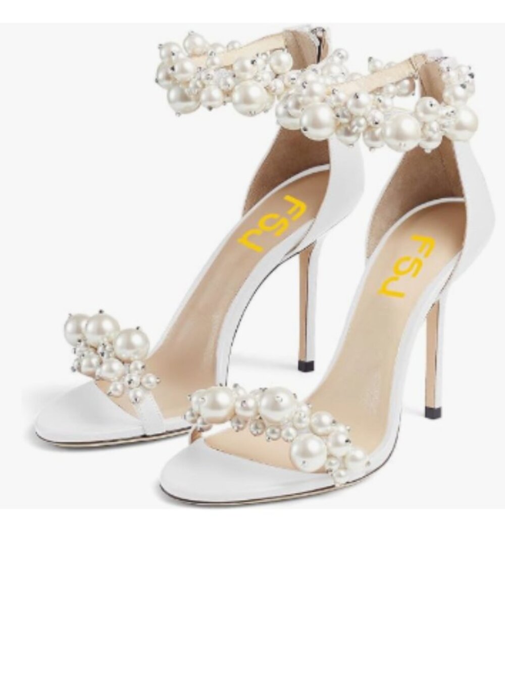 FSJ White Dressy High Heel Stiletto Open Toe Sandal Full Pearls Ankle Strap Shoe